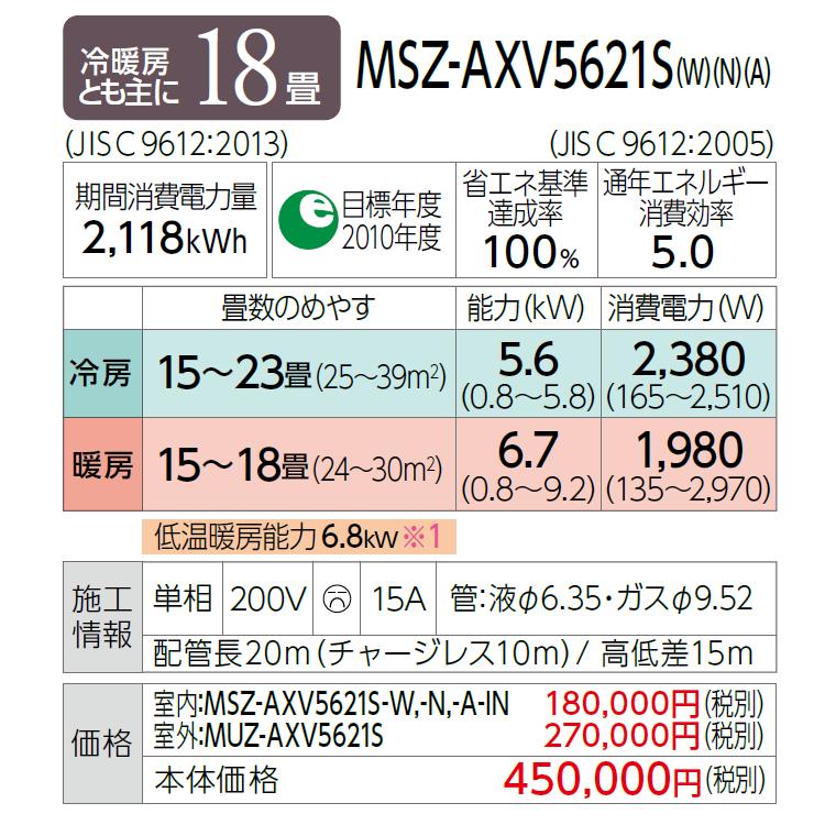 WAVery｜おもに18畳用 ルームエアコン 霧ヶ峰 ホワイト MSZ-AXV5621S-W 三菱電機